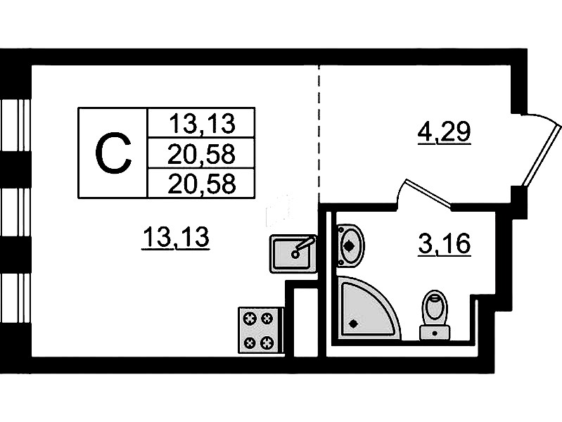 Квартира студия 20.58 м², 3/12 эт., ЖК «Новые Лаврики»